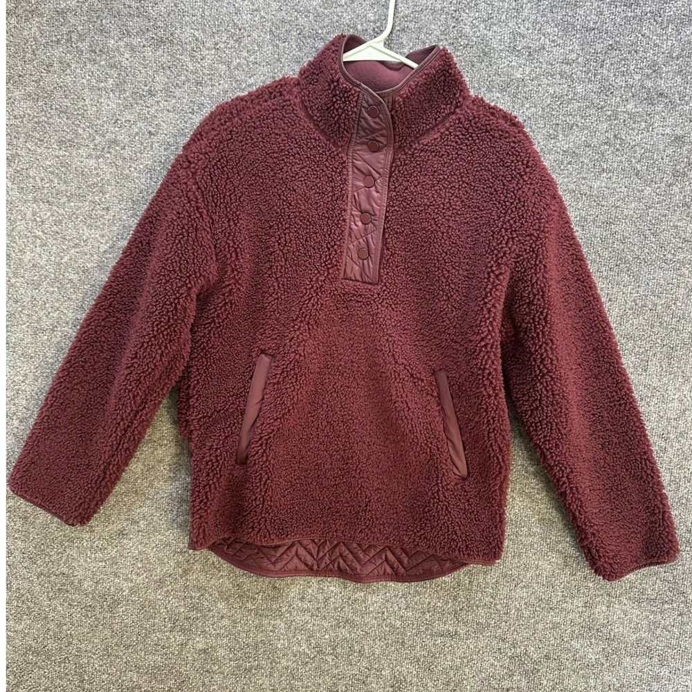 Athleta Womens Sherpa Fleece Snap Pullover Plum Burgundy Quilted Back Small S